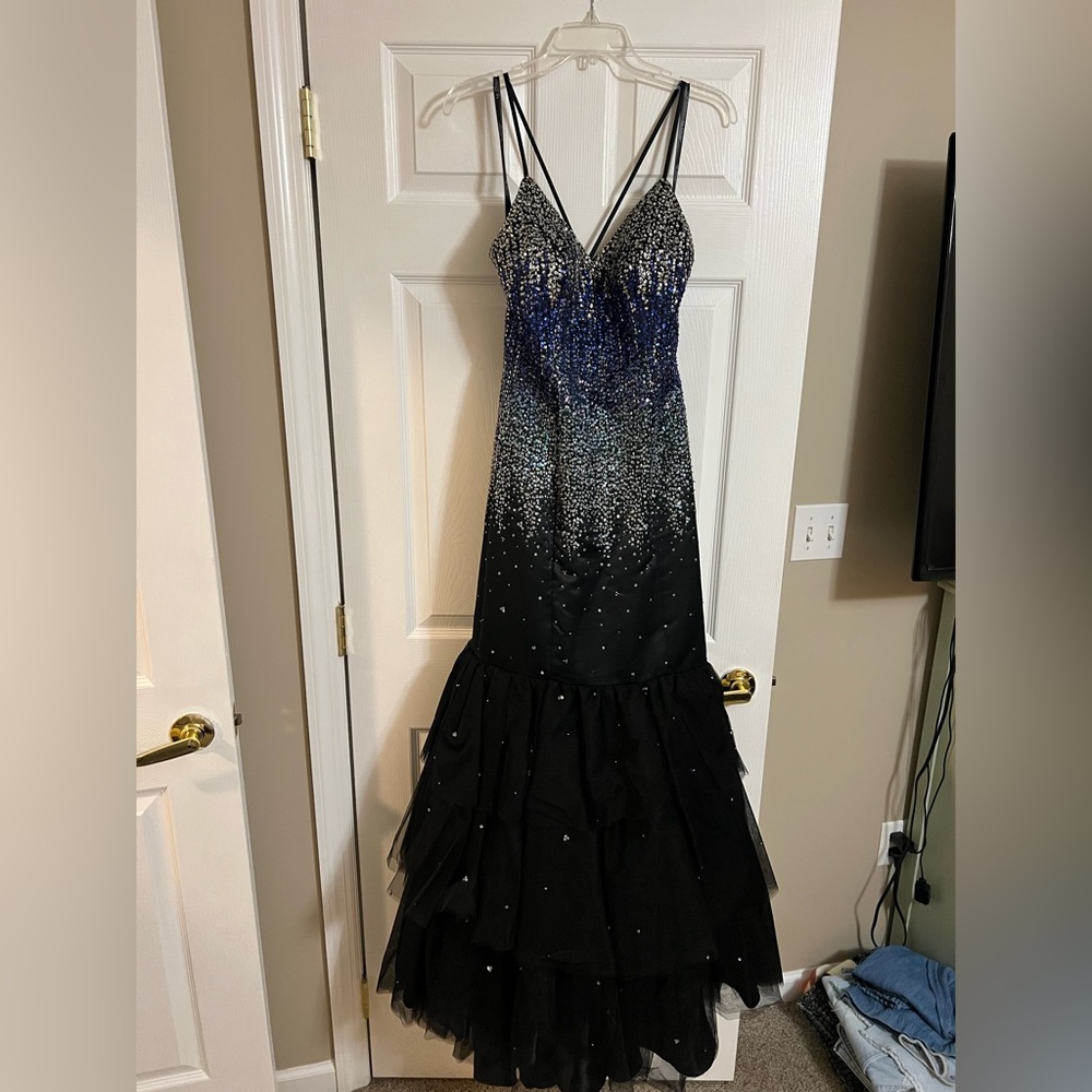 Mon Cheri Black and Blue Gradient Prom Dress